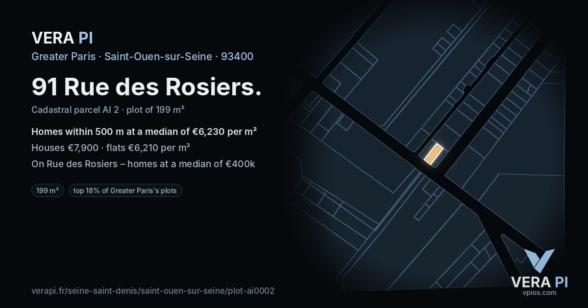 91 Rue des Rosiers, Saint-Ouen-sur-Seine at night – the plot lit, the parcels around coloured by the prices near them
