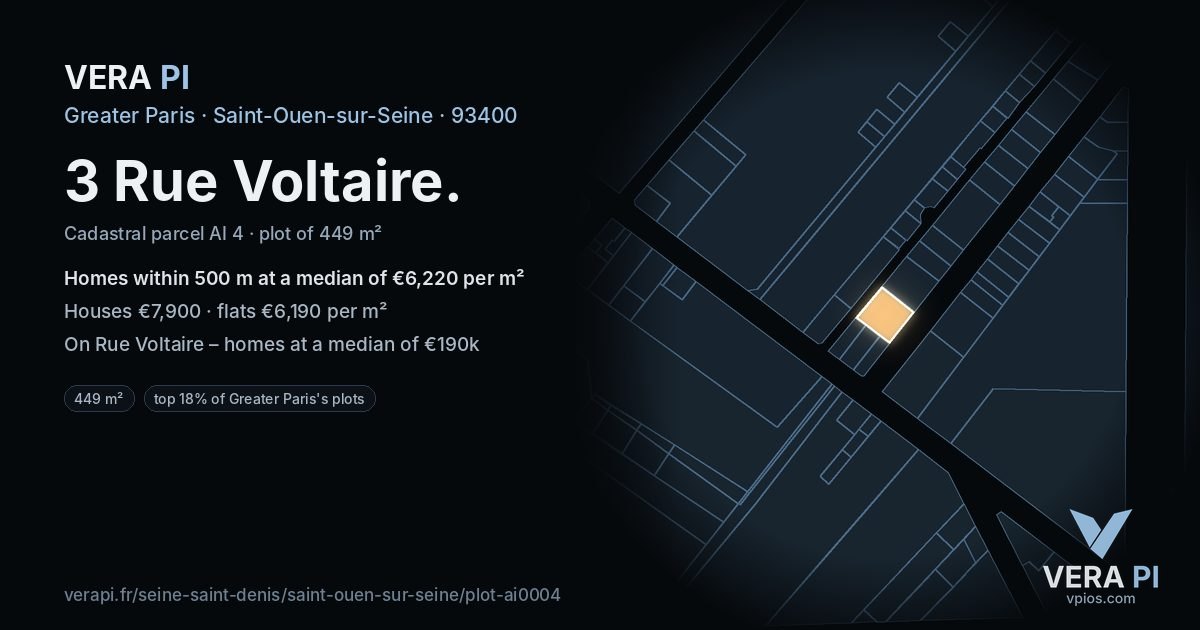 3 Rue Voltaire, Saint-Ouen-sur-Seine at night – the plot lit, the parcels around coloured by the prices near them