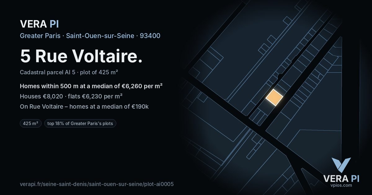 5 Rue Voltaire, Saint-Ouen-sur-Seine at night – the plot lit, the parcels around coloured by the prices near them