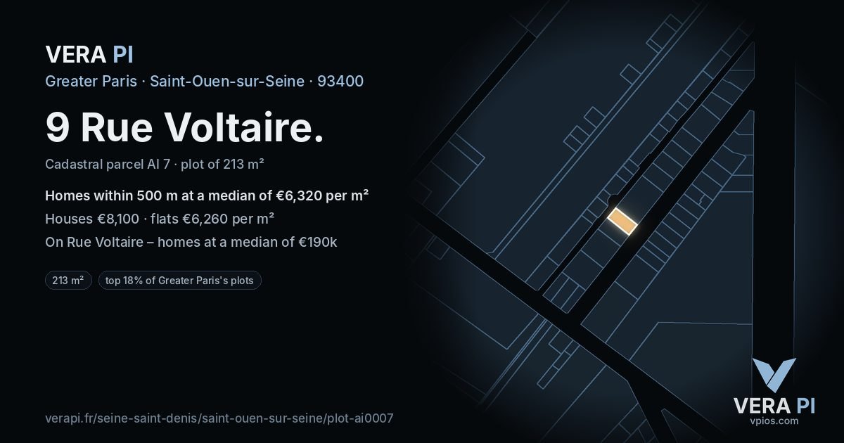 9 Rue Voltaire, Saint-Ouen-sur-Seine at night – the plot lit, the parcels around coloured by the prices near them