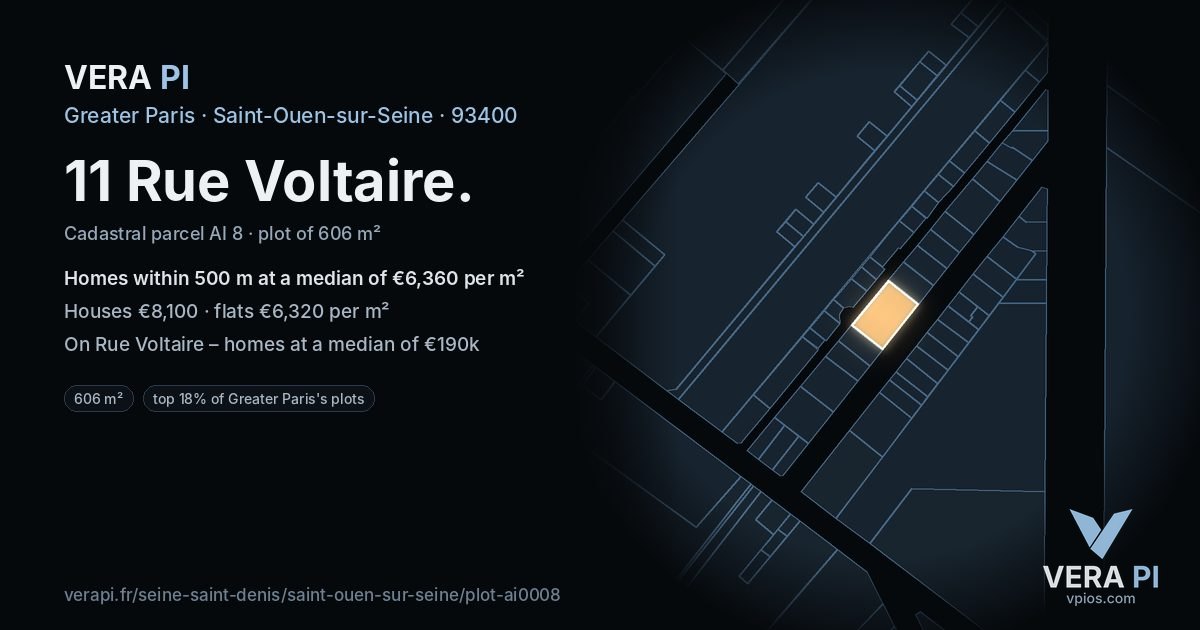 11 Rue Voltaire, Saint-Ouen-sur-Seine at night – the plot lit, the parcels around coloured by the prices near them