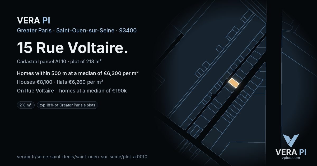 15 Rue Voltaire, Saint-Ouen-sur-Seine at night – the plot lit, the parcels around coloured by the prices near them