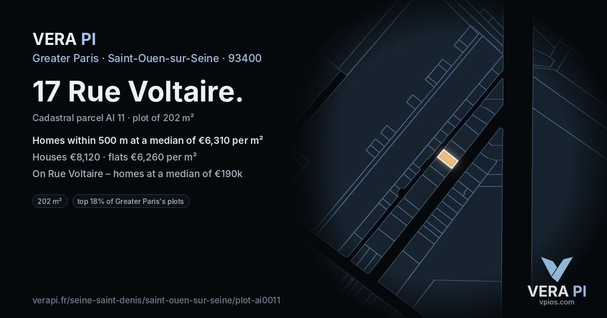 17 Rue Voltaire, Saint-Ouen-sur-Seine at night – the plot lit, the parcels around coloured by the prices near them
