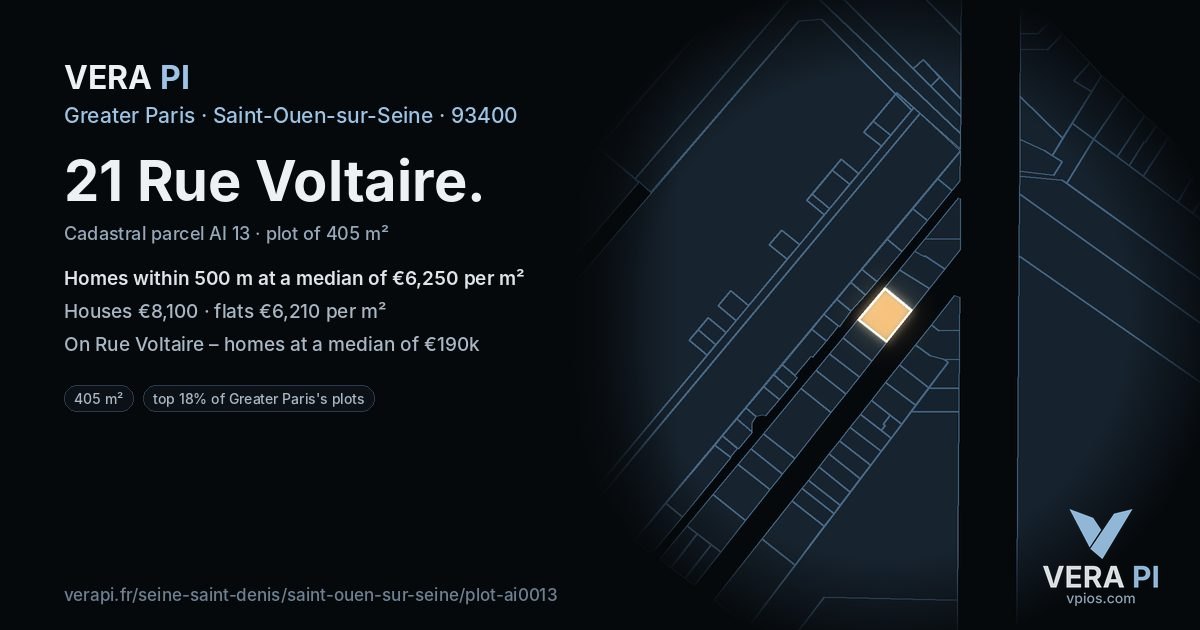 21 Rue Voltaire, Saint-Ouen-sur-Seine at night – the plot lit, the parcels around coloured by the prices near them