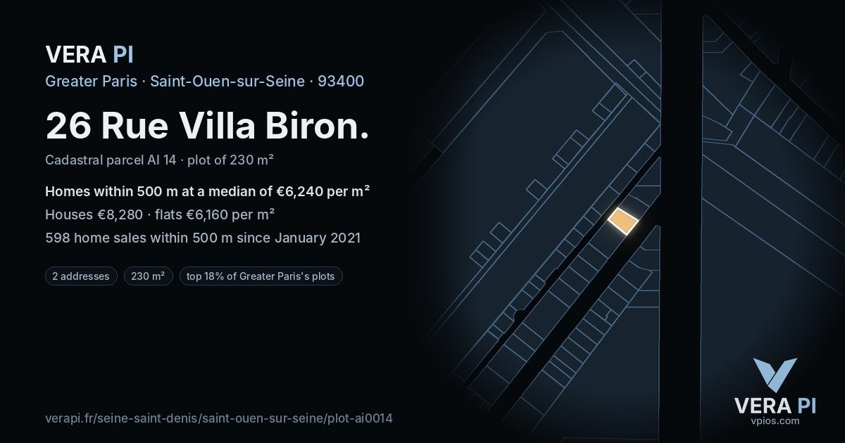26 Rue Villa Biron, Saint-Ouen-sur-Seine at night – the plot lit, the parcels around coloured by the prices near them