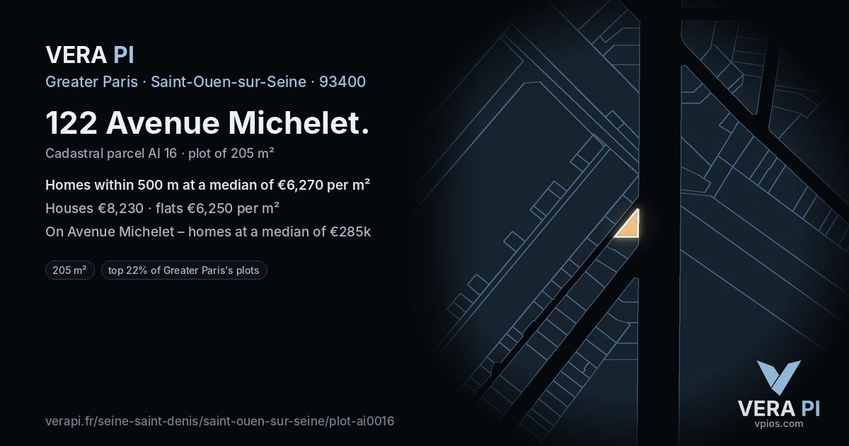 122 Avenue Michelet, Saint-Ouen-sur-Seine at night – the plot lit, the parcels around coloured by the prices near them