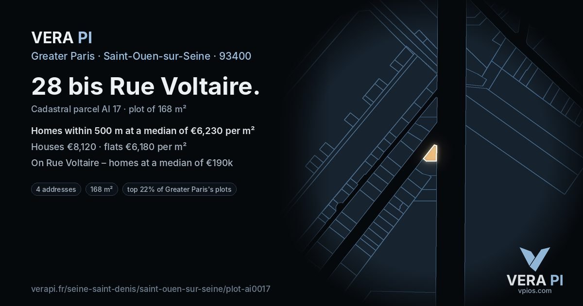 28 bis Rue Voltaire, Saint-Ouen-sur-Seine at night – the plot lit, the parcels around coloured by the prices near them