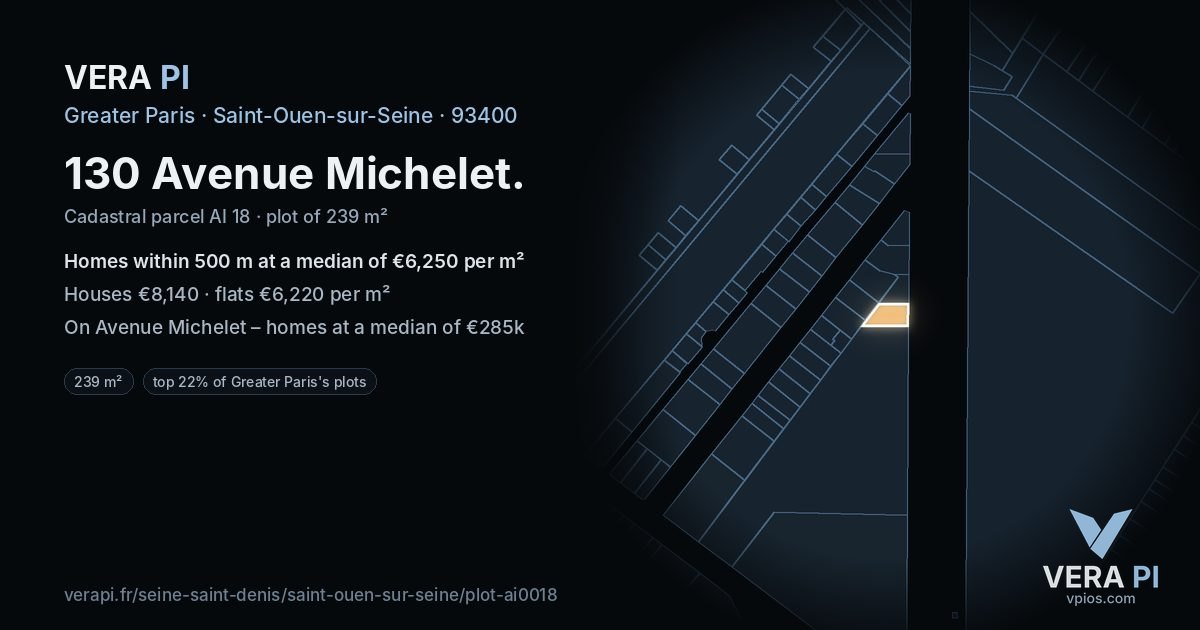 130 Avenue Michelet, Saint-Ouen-sur-Seine at night – the plot lit, the parcels around coloured by the prices near them