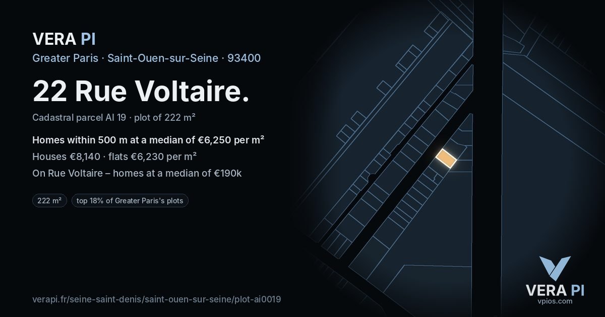 22 Rue Voltaire, Saint-Ouen-sur-Seine at night – the plot lit, the parcels around coloured by the prices near them