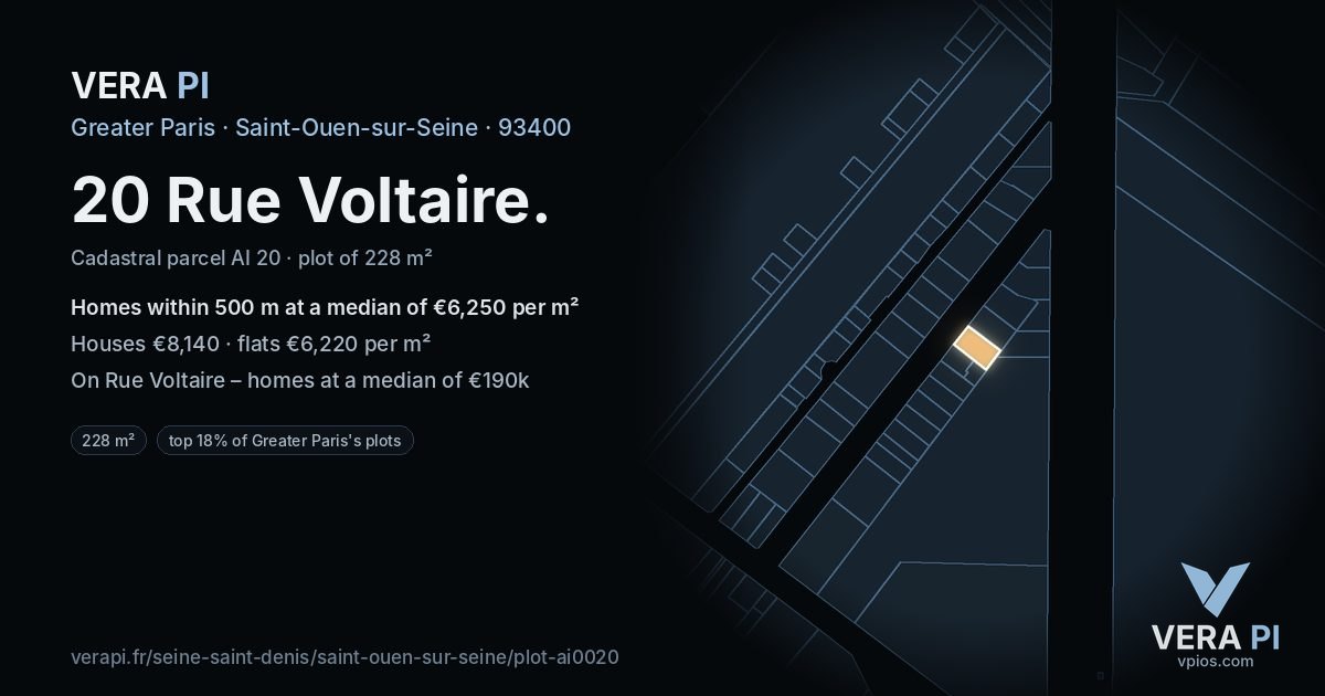 20 Rue Voltaire, Saint-Ouen-sur-Seine at night – the plot lit, the parcels around coloured by the prices near them