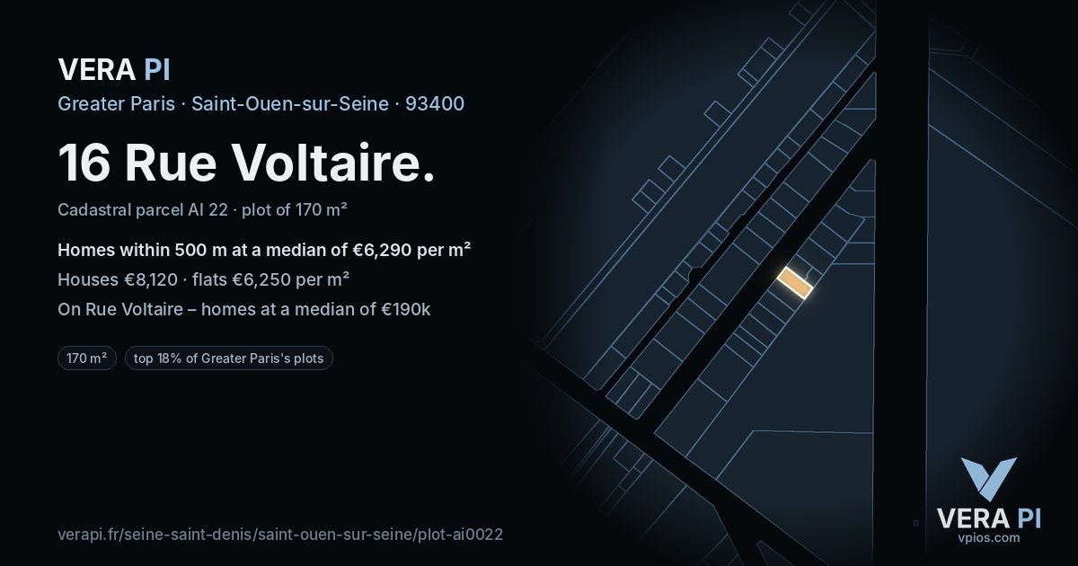 16 Rue Voltaire, Saint-Ouen-sur-Seine at night – the plot lit, the parcels around coloured by the prices near them