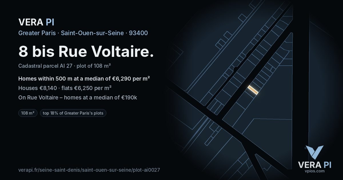 8 bis Rue Voltaire, Saint-Ouen-sur-Seine at night – the plot lit, the parcels around coloured by the prices near them