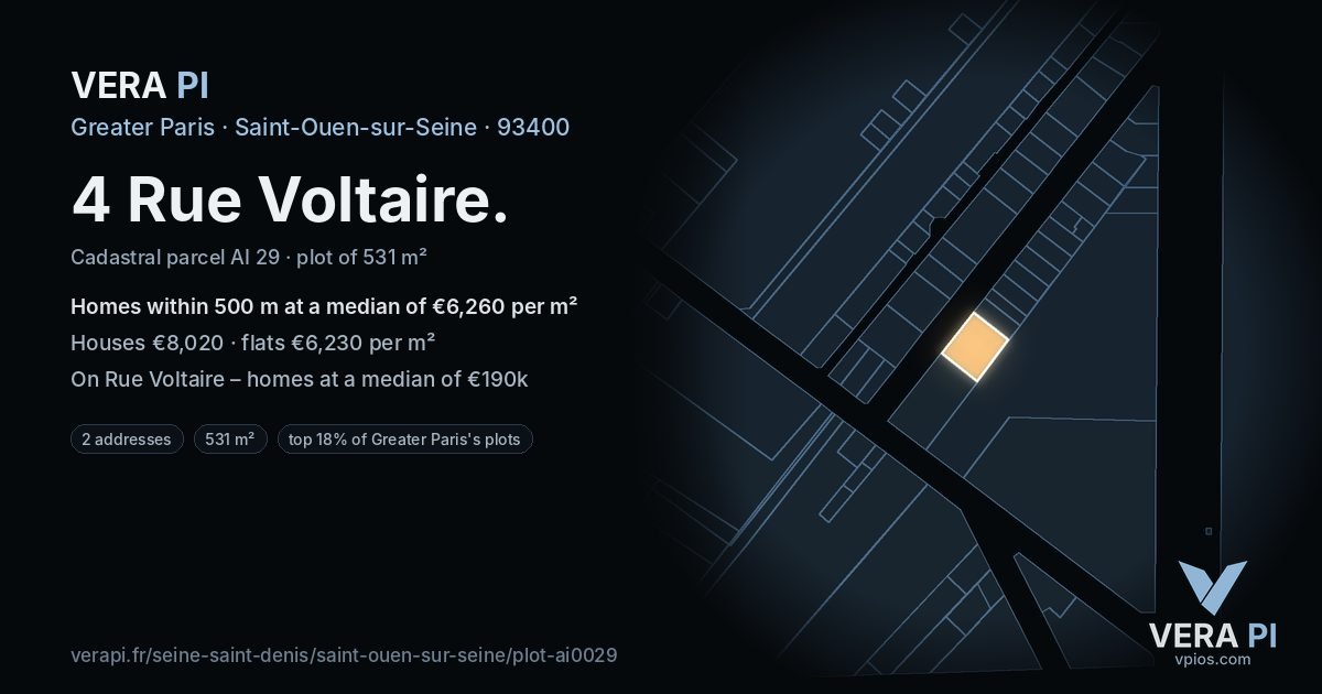 4 Rue Voltaire, Saint-Ouen-sur-Seine at night – the plot lit, the parcels around coloured by the prices near them