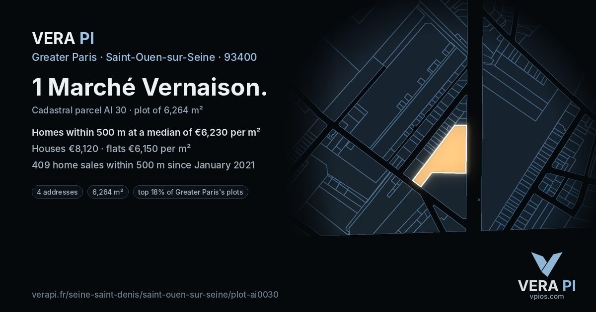 1 Marché Vernaison, Saint-Ouen-sur-Seine at night – the plot lit, the parcels around coloured by the prices near them