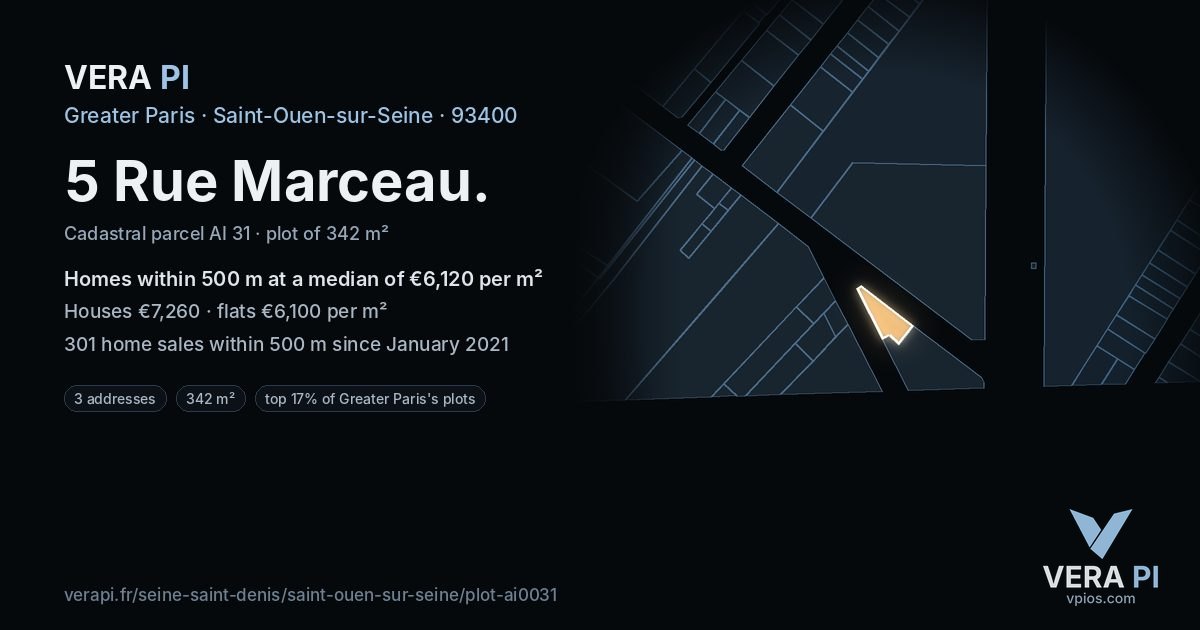5 Rue Marceau, Saint-Ouen-sur-Seine at night – the plot lit, the parcels around coloured by the prices near them