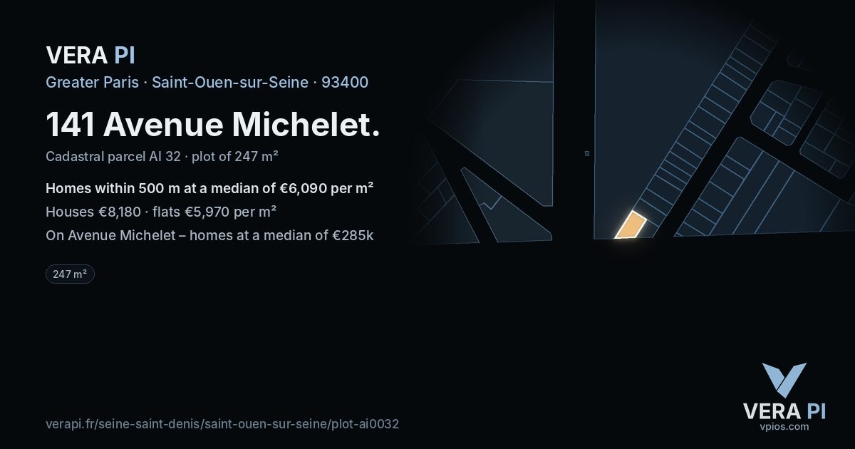 141 Avenue Michelet, Saint-Ouen-sur-Seine at night – the plot lit, the parcels around coloured by the prices near them