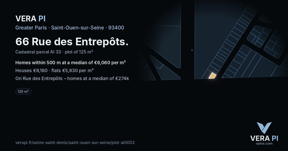 66 Rue des Entrepôts, Saint-Ouen-sur-Seine at night – the plot lit, the parcels around coloured by the prices near them