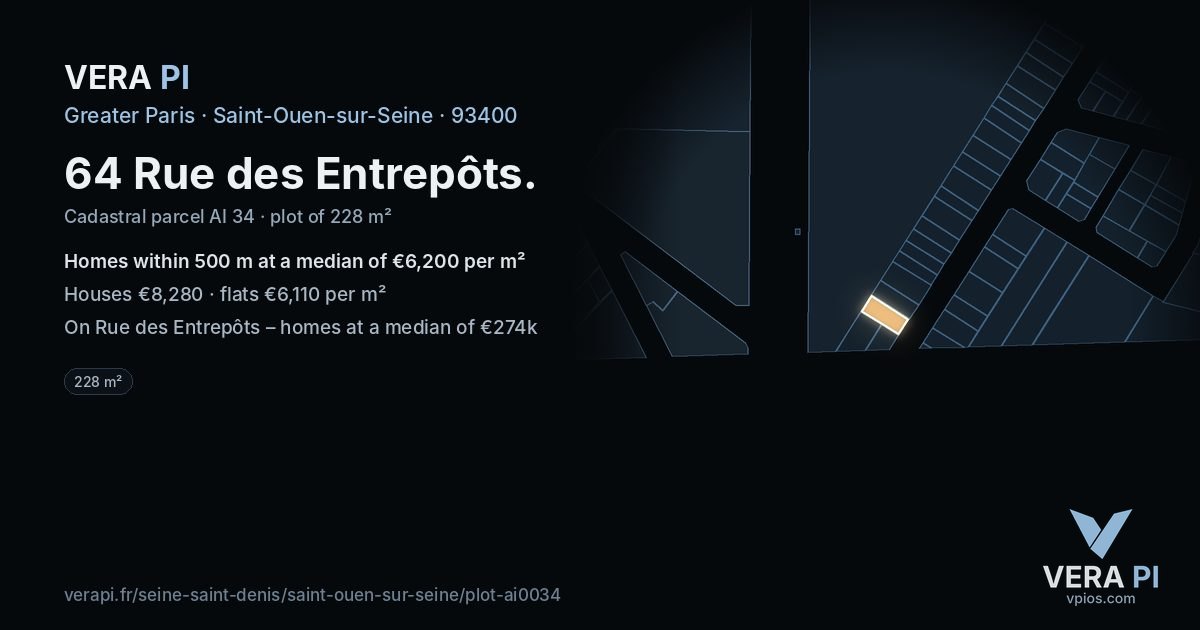 64 Rue des Entrepôts, Saint-Ouen-sur-Seine at night – the plot lit, the parcels around coloured by the prices near them