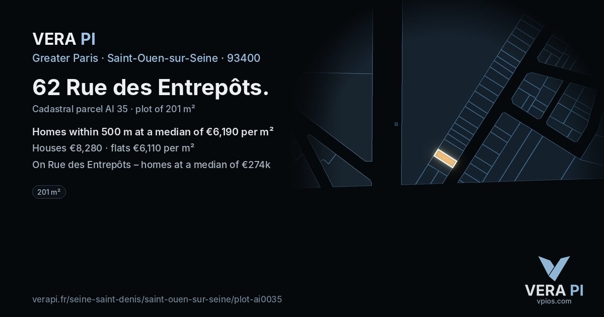 62 Rue des Entrepôts, Saint-Ouen-sur-Seine at night – the plot lit, the parcels around coloured by the prices near them
