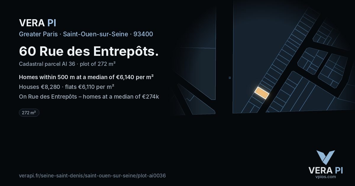 60 Rue des Entrepôts, Saint-Ouen-sur-Seine at night – the plot lit, the parcels around coloured by the prices near them