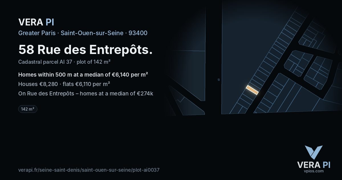 58 Rue des Entrepôts, Saint-Ouen-sur-Seine at night – the plot lit, the parcels around coloured by the prices near them
