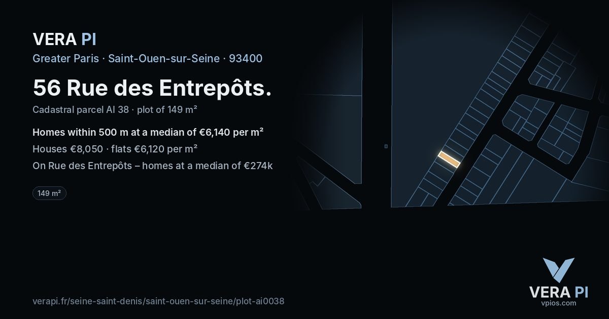56 Rue des Entrepôts, Saint-Ouen-sur-Seine at night – the plot lit, the parcels around coloured by the prices near them