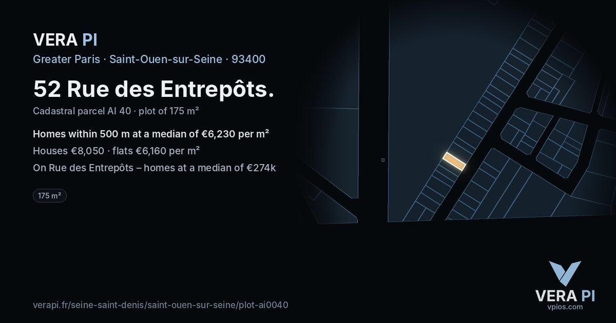 52 Rue des Entrepôts, Saint-Ouen-sur-Seine at night – the plot lit, the parcels around coloured by the prices near them