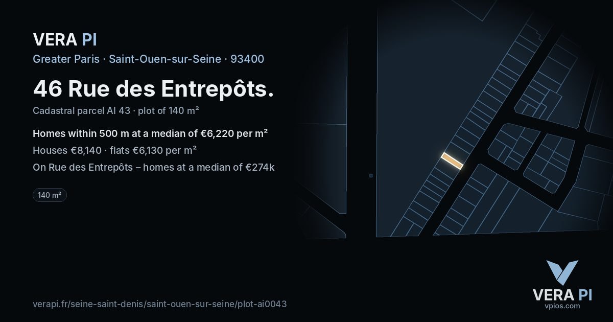 46 Rue des Entrepôts, Saint-Ouen-sur-Seine at night – the plot lit, the parcels around coloured by the prices near them