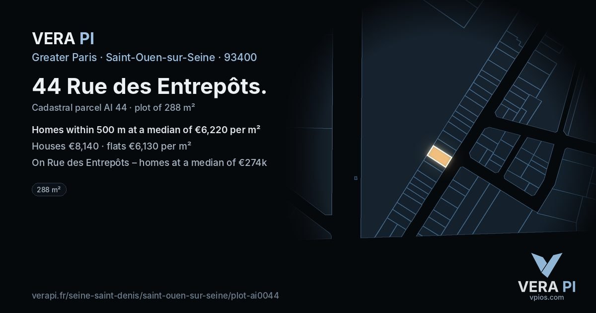 44 Rue des Entrepôts, Saint-Ouen-sur-Seine at night – the plot lit, the parcels around coloured by the prices near them