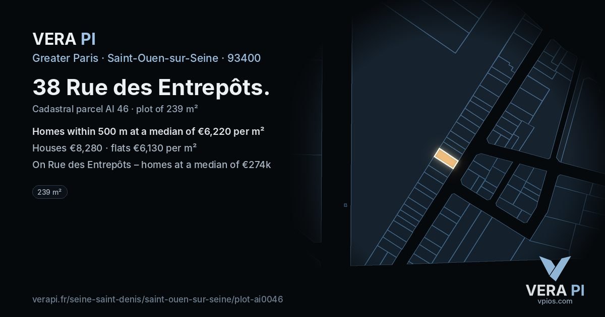 38 Rue des Entrepôts, Saint-Ouen-sur-Seine at night – the plot lit, the parcels around coloured by the prices near them