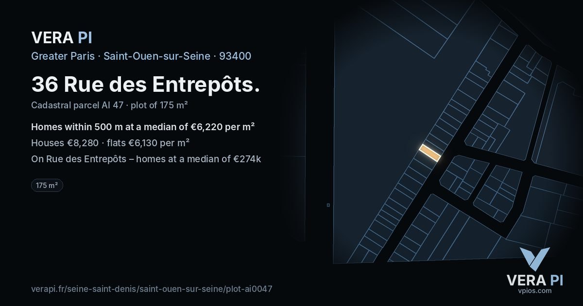 36 Rue des Entrepôts, Saint-Ouen-sur-Seine at night – the plot lit, the parcels around coloured by the prices near them