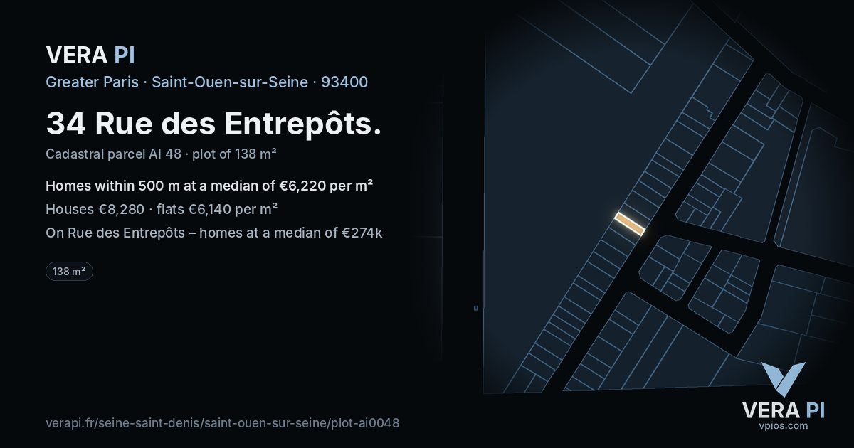 34 Rue des Entrepôts, Saint-Ouen-sur-Seine at night – the plot lit, the parcels around coloured by the prices near them
