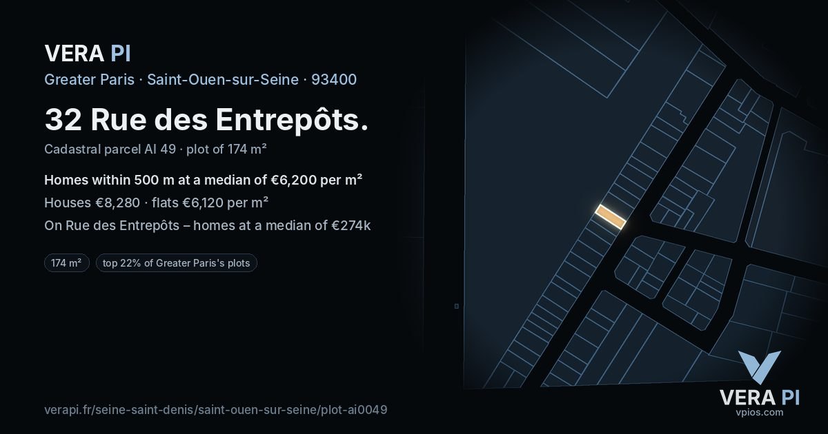 32 Rue des Entrepôts, Saint-Ouen-sur-Seine at night – the plot lit, the parcels around coloured by the prices near them