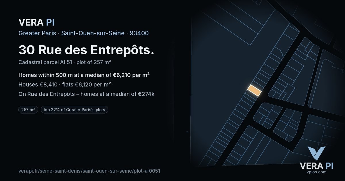 30 Rue des Entrepôts, Saint-Ouen-sur-Seine at night – the plot lit, the parcels around coloured by the prices near them