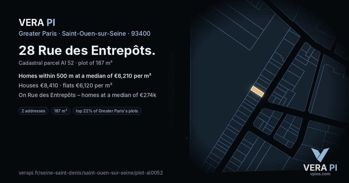 28 Rue des Entrepôts, Saint-Ouen-sur-Seine at night – the plot lit, the parcels around coloured by the prices near them