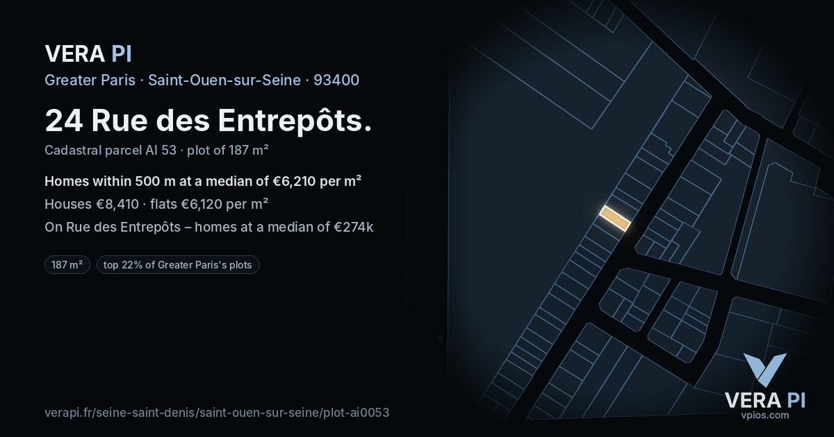 24 Rue des Entrepôts, Saint-Ouen-sur-Seine at night – the plot lit, the parcels around coloured by the prices near them