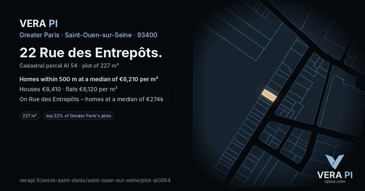 22 Rue des Entrepôts, Saint-Ouen-sur-Seine at night – the plot lit, the parcels around coloured by the prices near them