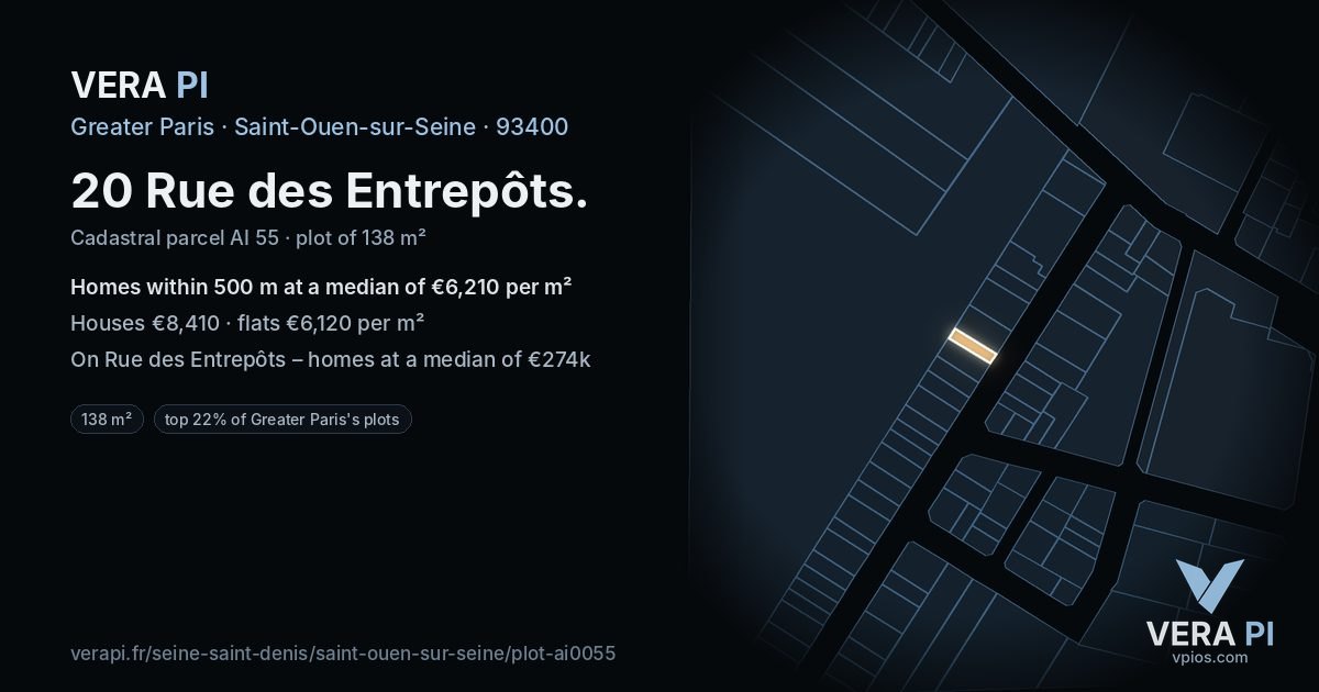 20 Rue des Entrepôts, Saint-Ouen-sur-Seine at night – the plot lit, the parcels around coloured by the prices near them