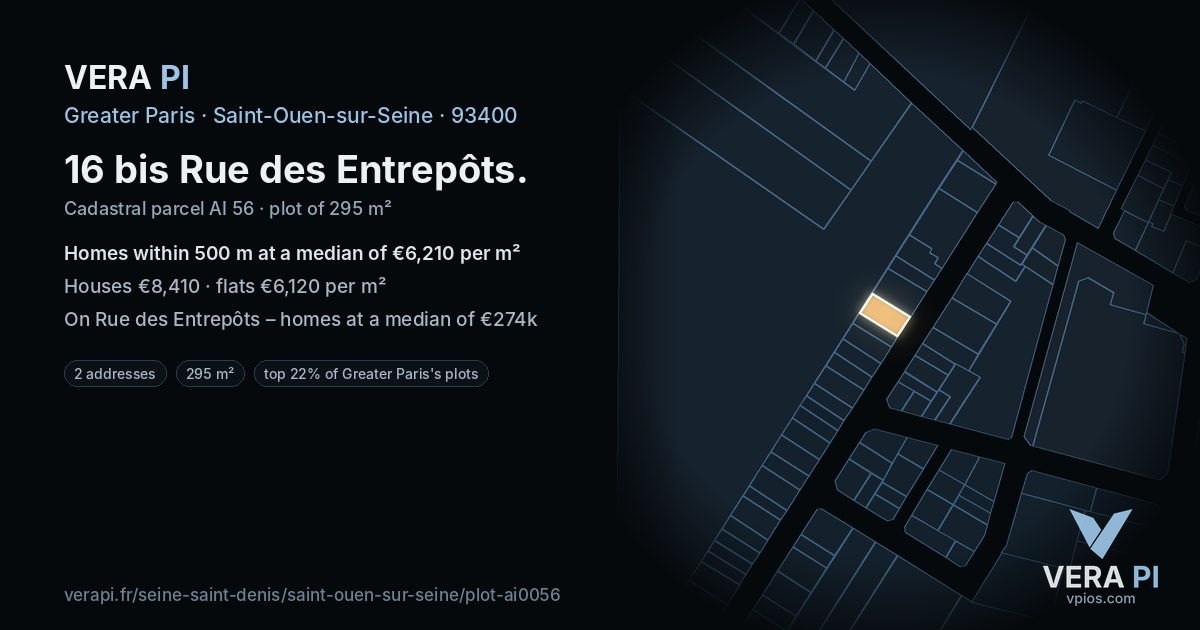 16 bis Rue des Entrepôts, Saint-Ouen-sur-Seine at night – the plot lit, the parcels around coloured by the prices near them