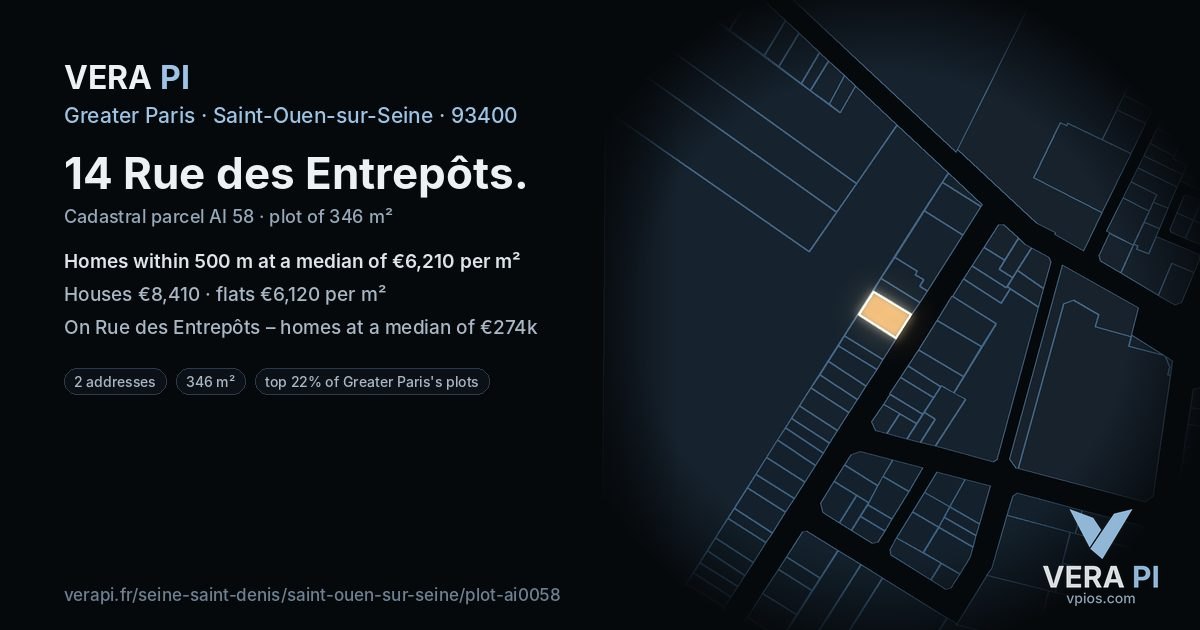14 Rue des Entrepôts, Saint-Ouen-sur-Seine at night – the plot lit, the parcels around coloured by the prices near them