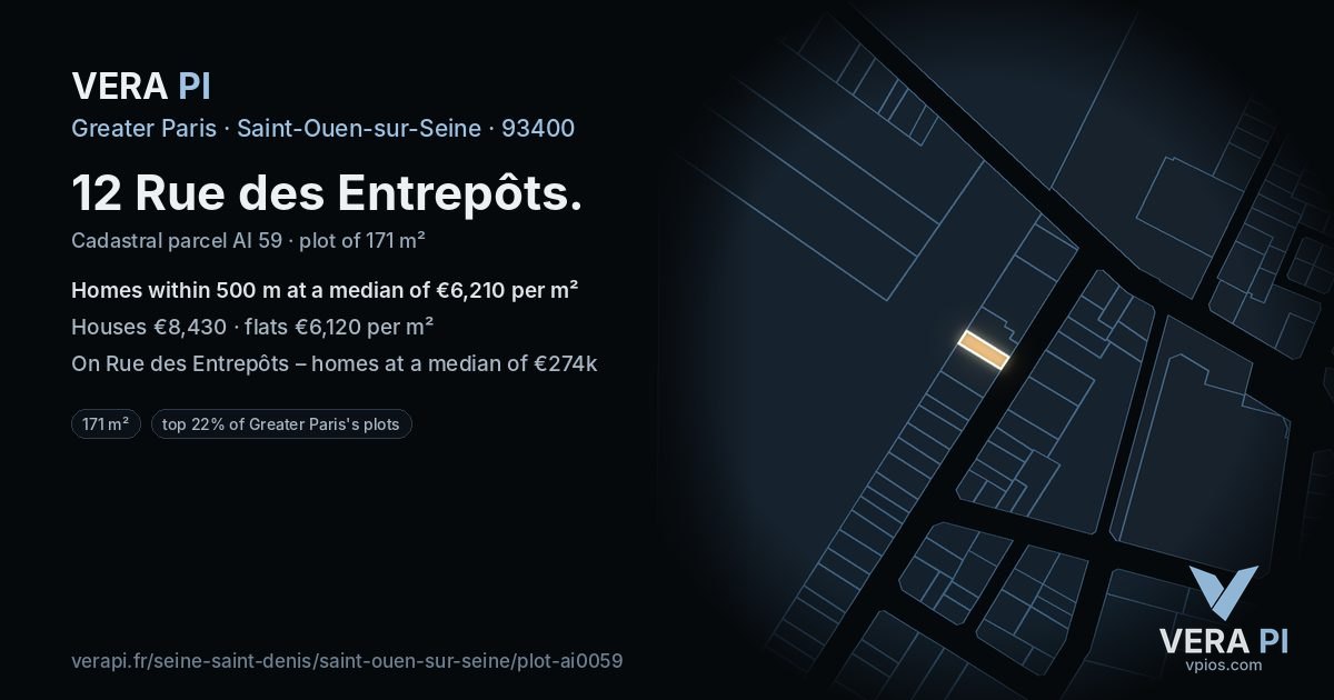 12 Rue des Entrepôts, Saint-Ouen-sur-Seine at night – the plot lit, the parcels around coloured by the prices near them