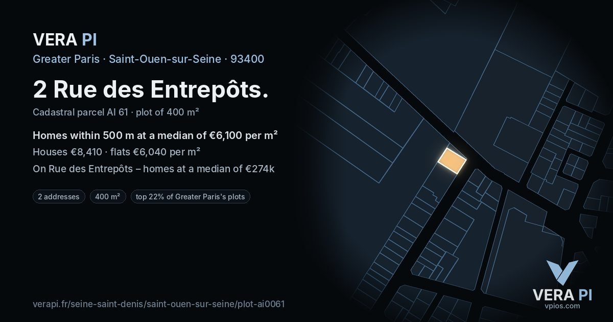 2 Rue des Entrepôts, Saint-Ouen-sur-Seine at night – the plot lit, the parcels around coloured by the prices near them