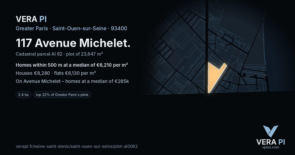 117 Avenue Michelet, Saint-Ouen-sur-Seine at night – the plot lit, the parcels around coloured by the prices near them