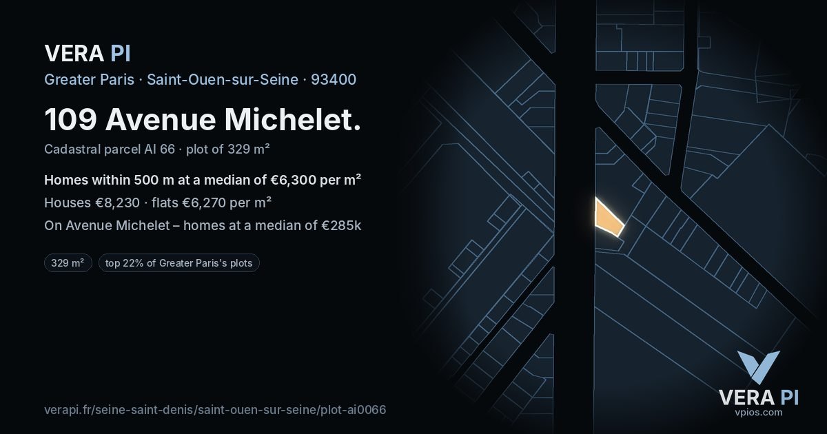 109 Avenue Michelet, Saint-Ouen-sur-Seine at night – the plot lit, the parcels around coloured by the prices near them