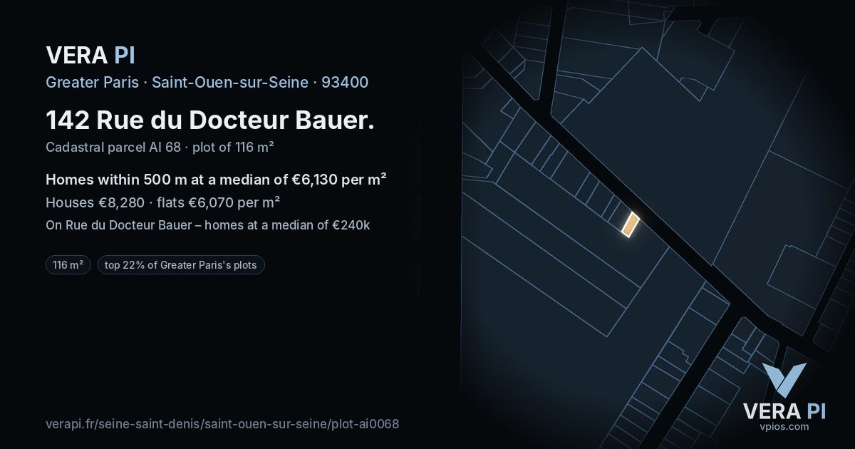 142 Rue du Docteur Bauer, Saint-Ouen-sur-Seine at night – the plot lit, the parcels around coloured by the prices near them