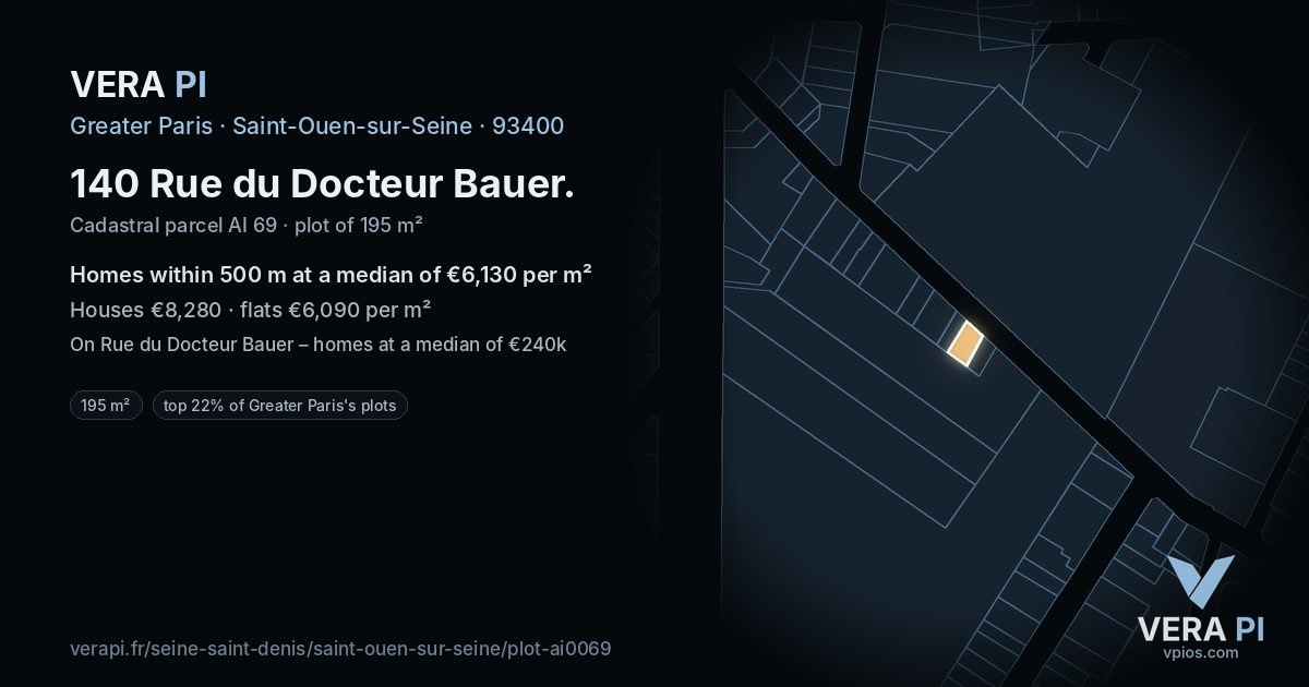 140 Rue du Docteur Bauer, Saint-Ouen-sur-Seine at night – the plot lit, the parcels around coloured by the prices near them