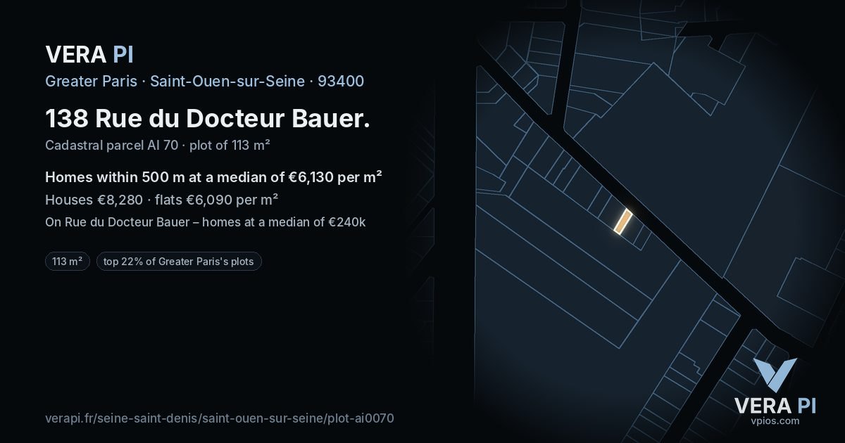 138 Rue du Docteur Bauer, Saint-Ouen-sur-Seine at night – the plot lit, the parcels around coloured by the prices near them