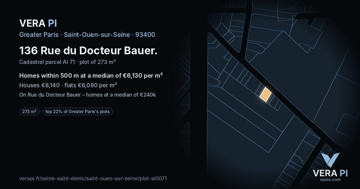 136 Rue du Docteur Bauer, Saint-Ouen-sur-Seine at night – the plot lit, the parcels around coloured by the prices near them