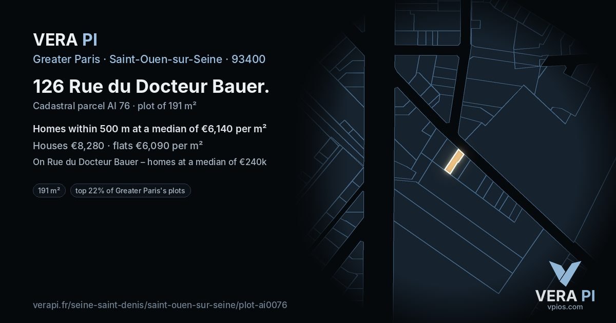 126 Rue du Docteur Bauer, Saint-Ouen-sur-Seine at night – the plot lit, the parcels around coloured by the prices near them