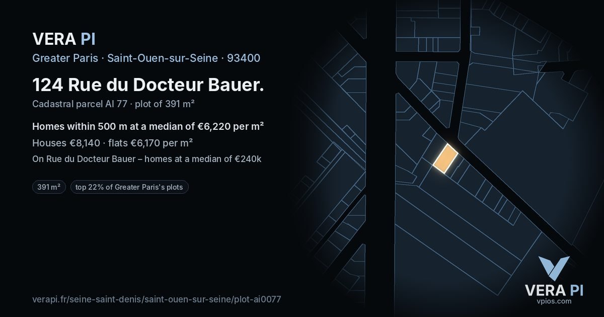 124 Rue du Docteur Bauer, Saint-Ouen-sur-Seine at night – the plot lit, the parcels around coloured by the prices near them